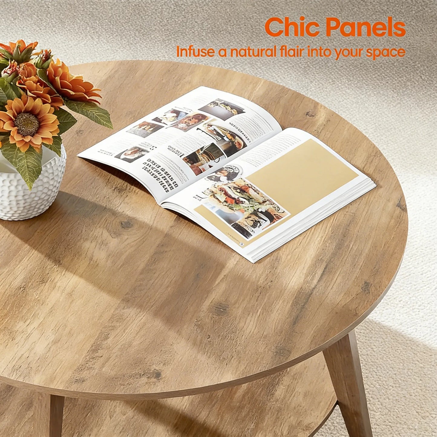 31.5" Round 2-Tier Coffee Table with Mid-Century Wooden Design