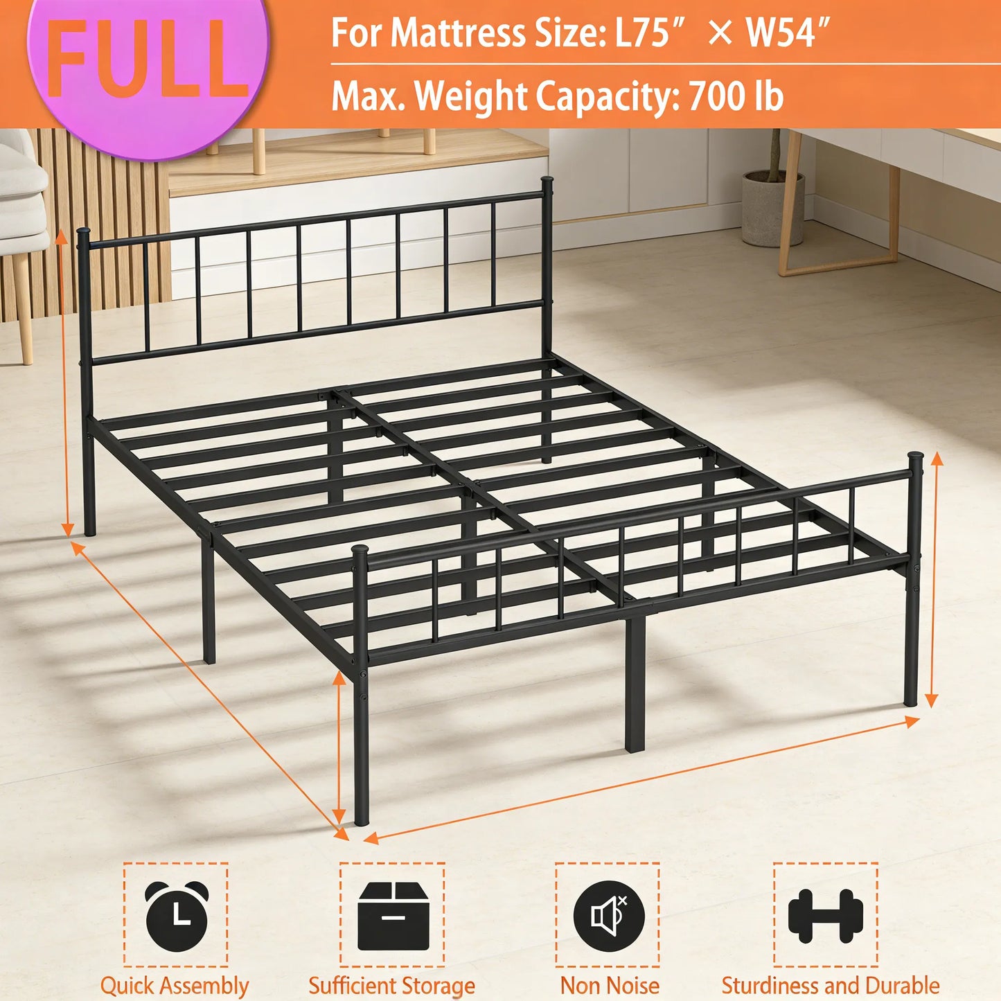 Full Size Metal Platform Bed Frame (75"×54")