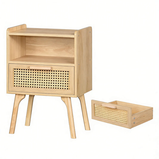 Rattan-Accent Wooden Nightstand with Drawer & Open Shelves