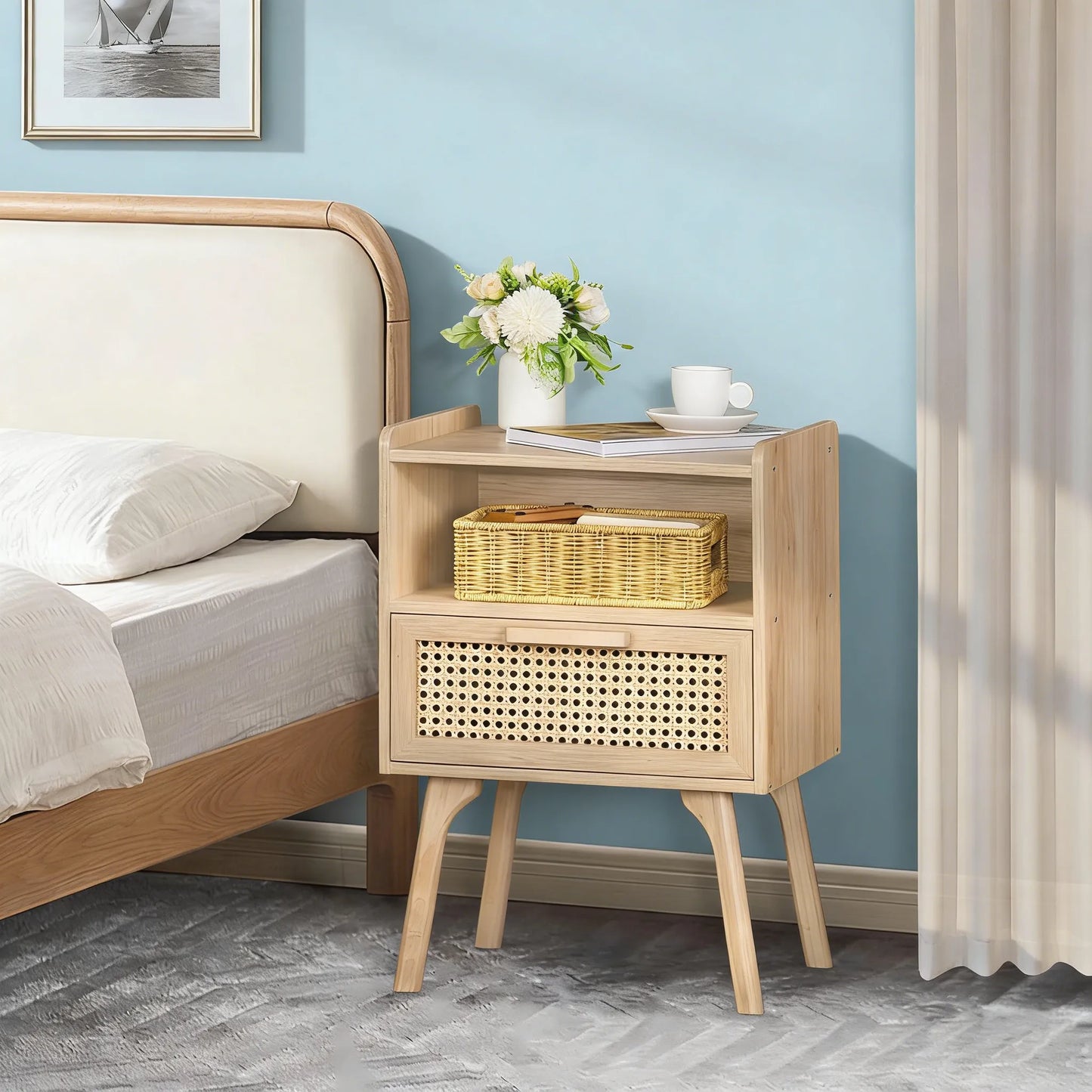 Rattan-Accent Wooden Nightstand with Drawer & Open Shelves