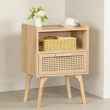 Rattan-Accent Wooden Nightstand with Drawer & Open Shelves