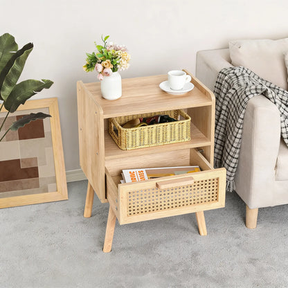 Rattan-Accent Wooden Nightstand with Drawer & Open Shelves