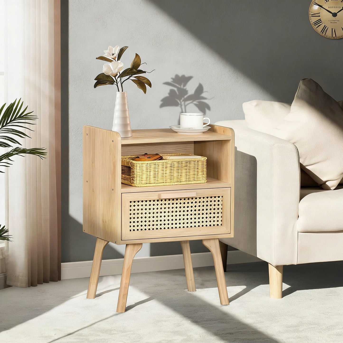 Rattan-Accent Wooden Nightstand with Drawer & Open Shelves