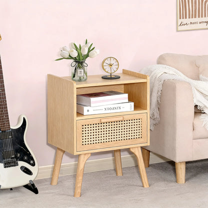 Rattan-Accent Wooden Nightstand with Drawer & Open Shelves