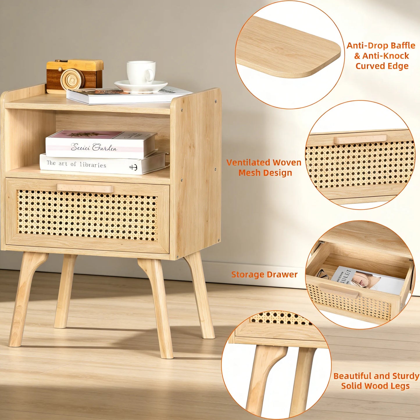 Rattan-Accent Wooden Nightstand with Drawer & Open Shelves