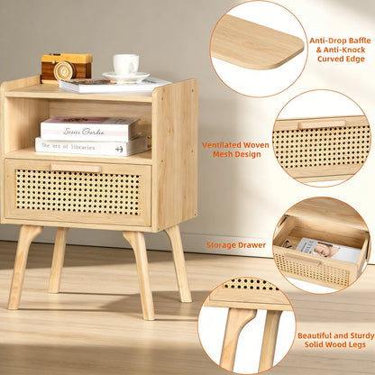 Rattan-Accent Wooden Nightstand with Drawer & Open Shelves