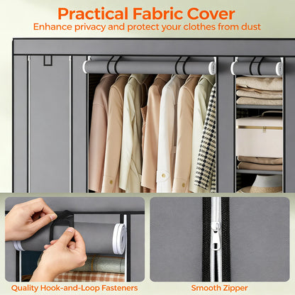 59" Multi-Storage Fabric Wardrobe with Hanging Rod & Shelves