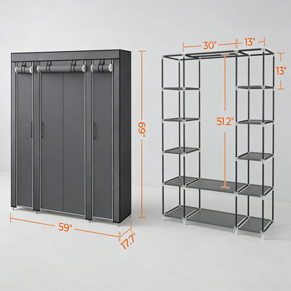59" Multi-Storage Fabric Wardrobe with Hanging Rod & Shelves