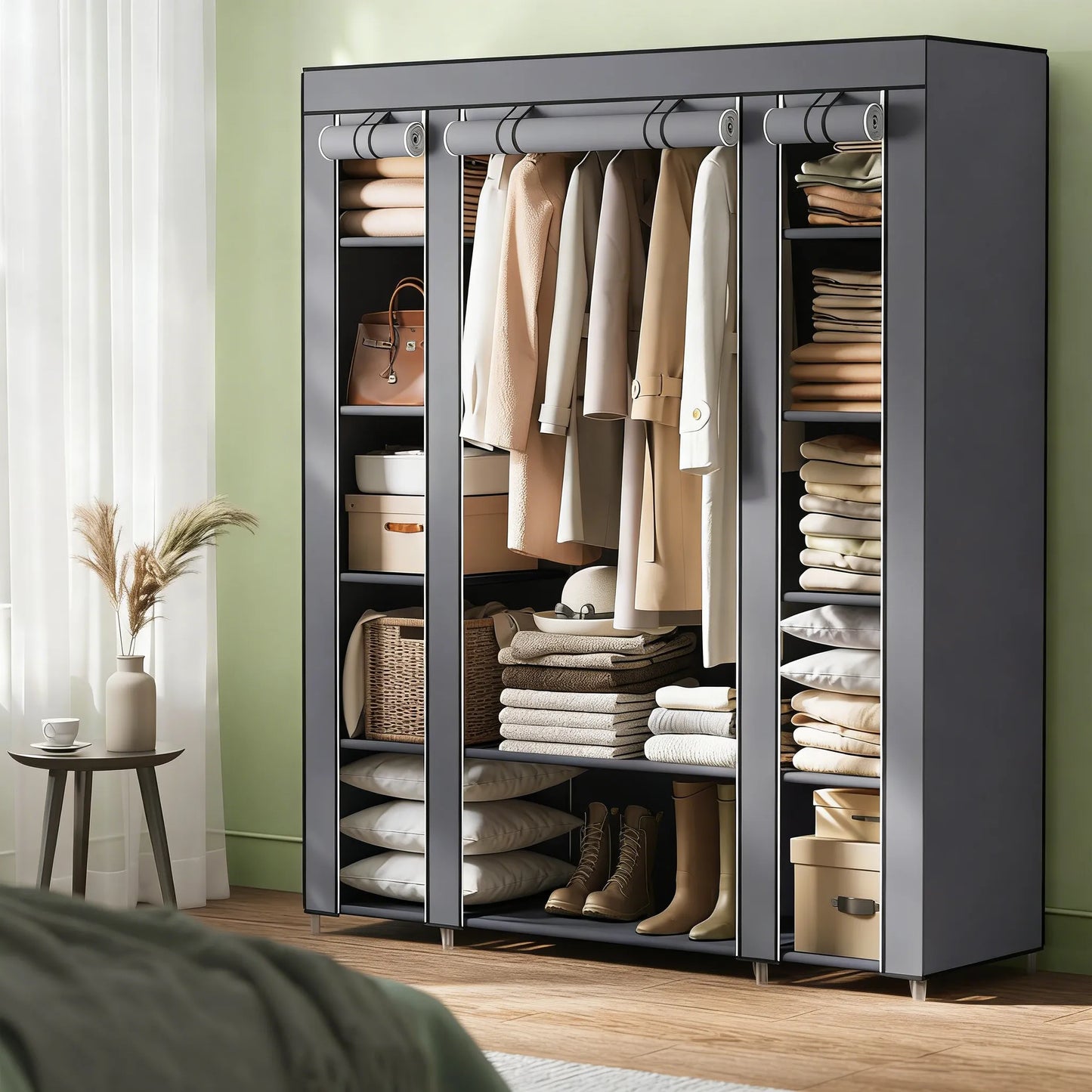 59" Multi-Storage Fabric Wardrobe with Hanging Rod & Shelves