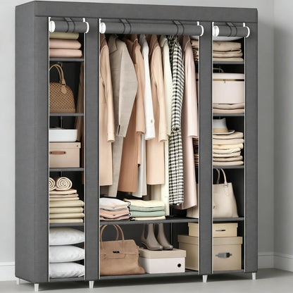 59" Multi-Storage Fabric Wardrobe with Hanging Rod & Shelves