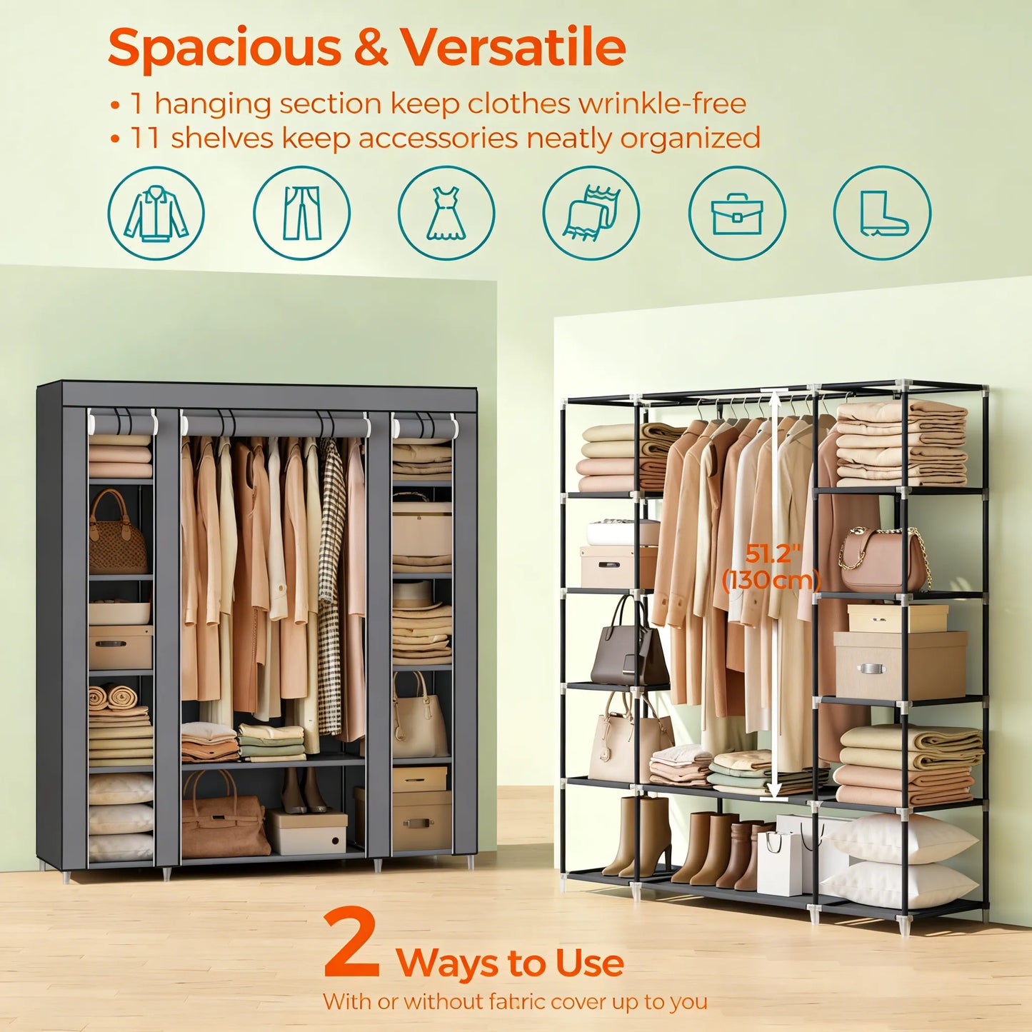 59" Multi-Storage Fabric Wardrobe with Hanging Rod & Shelves