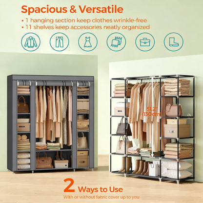 59" Multi-Storage Fabric Wardrobe with Hanging Rod & Shelves