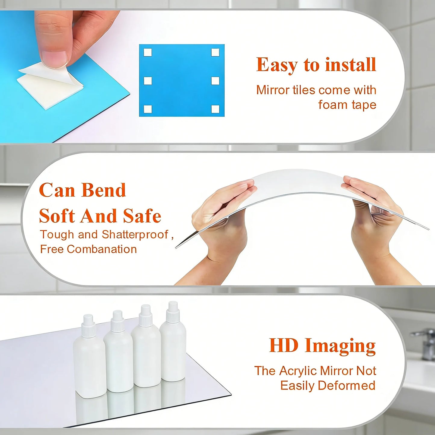 4-Piece 14"×12" Flexible Acrylic Wall Mirror Tiles (Full-Length Compatible)