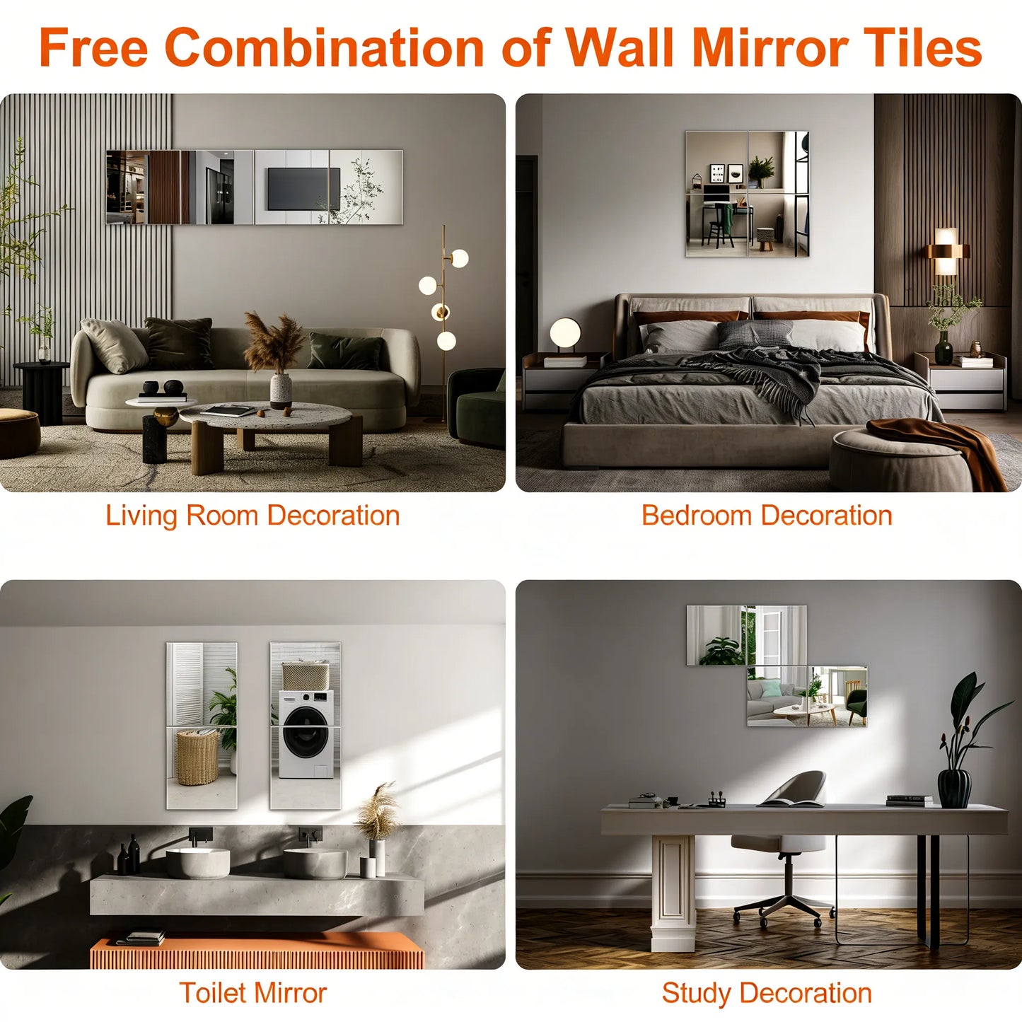 4-Piece 14"×12" Flexible Acrylic Wall Mirror Tiles (Full-Length Compatible)
