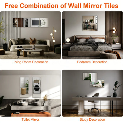 4-Piece 14"×12" Flexible Acrylic Wall Mirror Tiles (Full-Length Compatible)