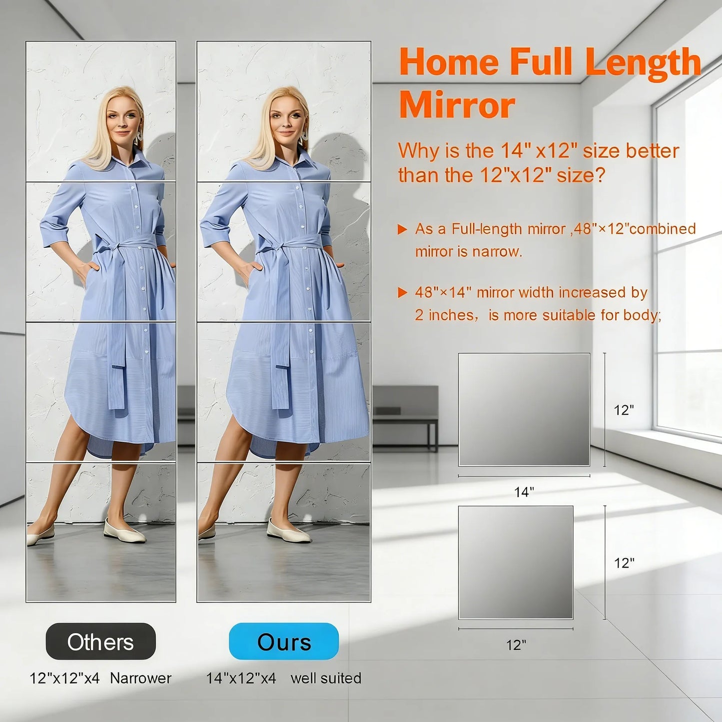 4-Piece 14"×12" Flexible Acrylic Wall Mirror Tiles (Full-Length Compatible)