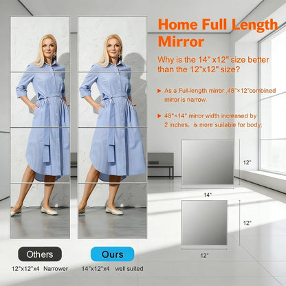 4-Piece 14"×12" Flexible Acrylic Wall Mirror Tiles (Full-Length Compatible)