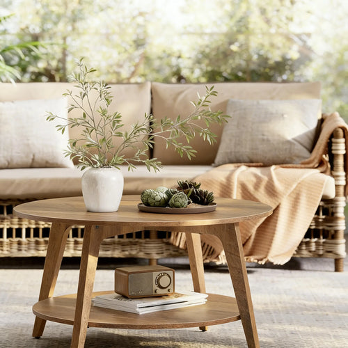 31.5" Round 2-Tier Coffee Table with Mid-Century Wooden Design
