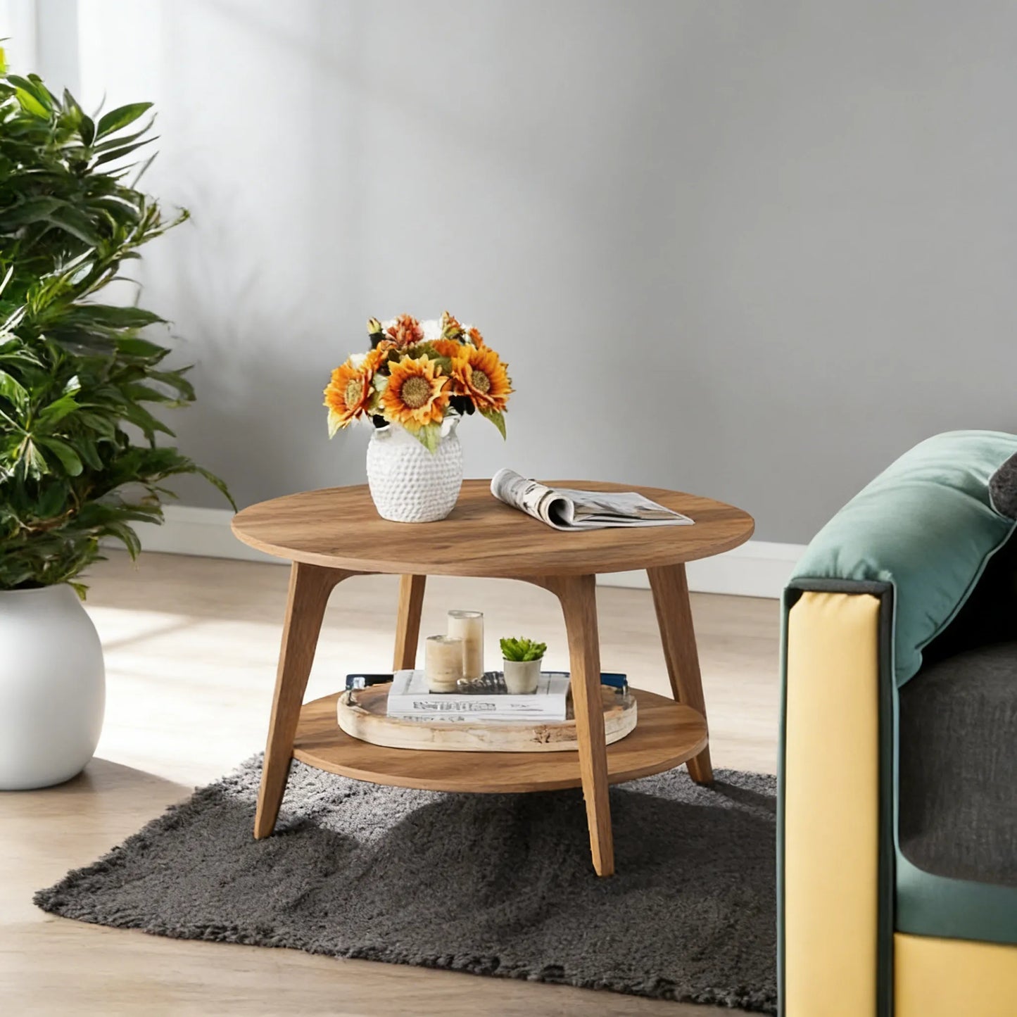 31.5" Round 2-Tier Coffee Table with Mid-Century Wooden Design