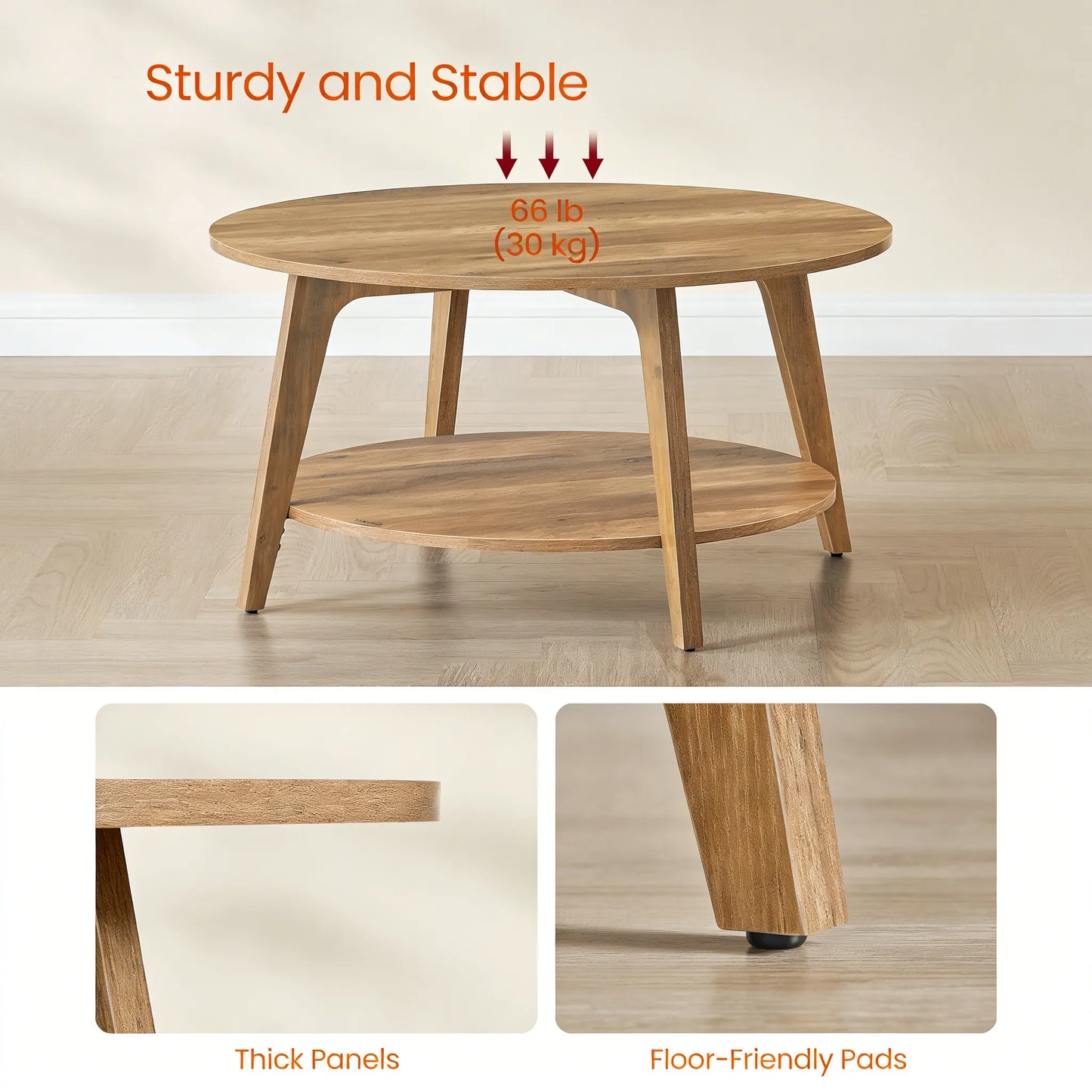 31.5" Round 2-Tier Coffee Table with Mid-Century Wooden Design