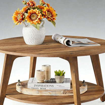 31.5" Round 2-Tier Coffee Table with Mid-Century Wooden Design
